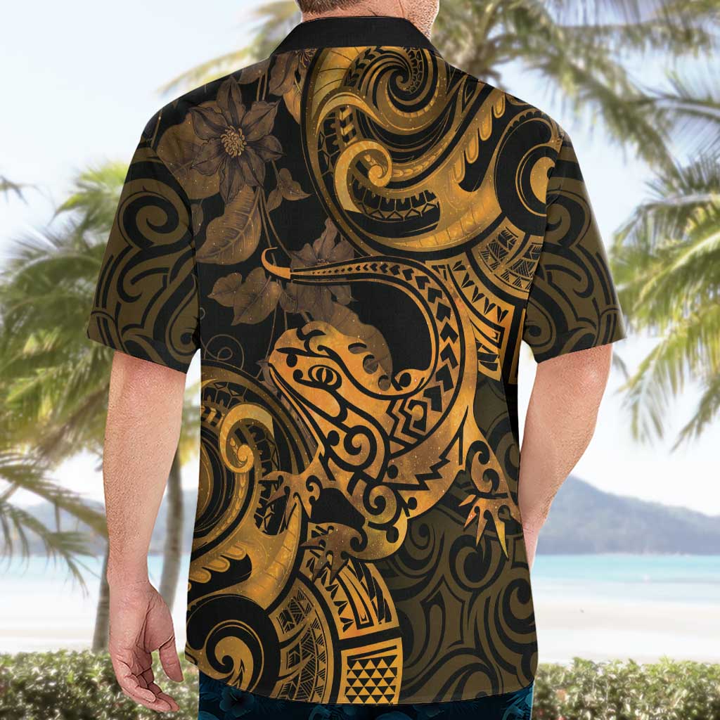 New Zealand Tuatara Hawaiian Shirt Aotearoa Maori Clematis Flowers - Gold - Vibe Hoodie Shop