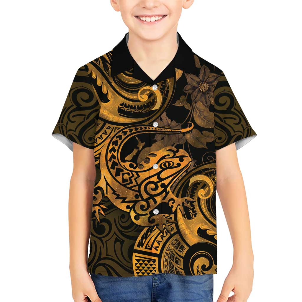 New Zealand Tuatara Hawaiian Shirt Aotearoa Maori Clematis Flowers - Gold - Vibe Hoodie Shop