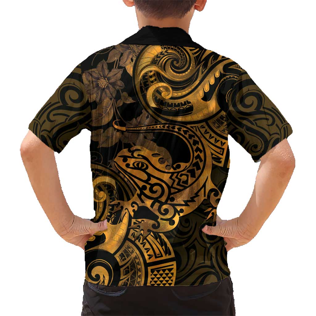 New Zealand Tuatara Hawaiian Shirt Aotearoa Maori Clematis Flowers - Gold - Vibe Hoodie Shop