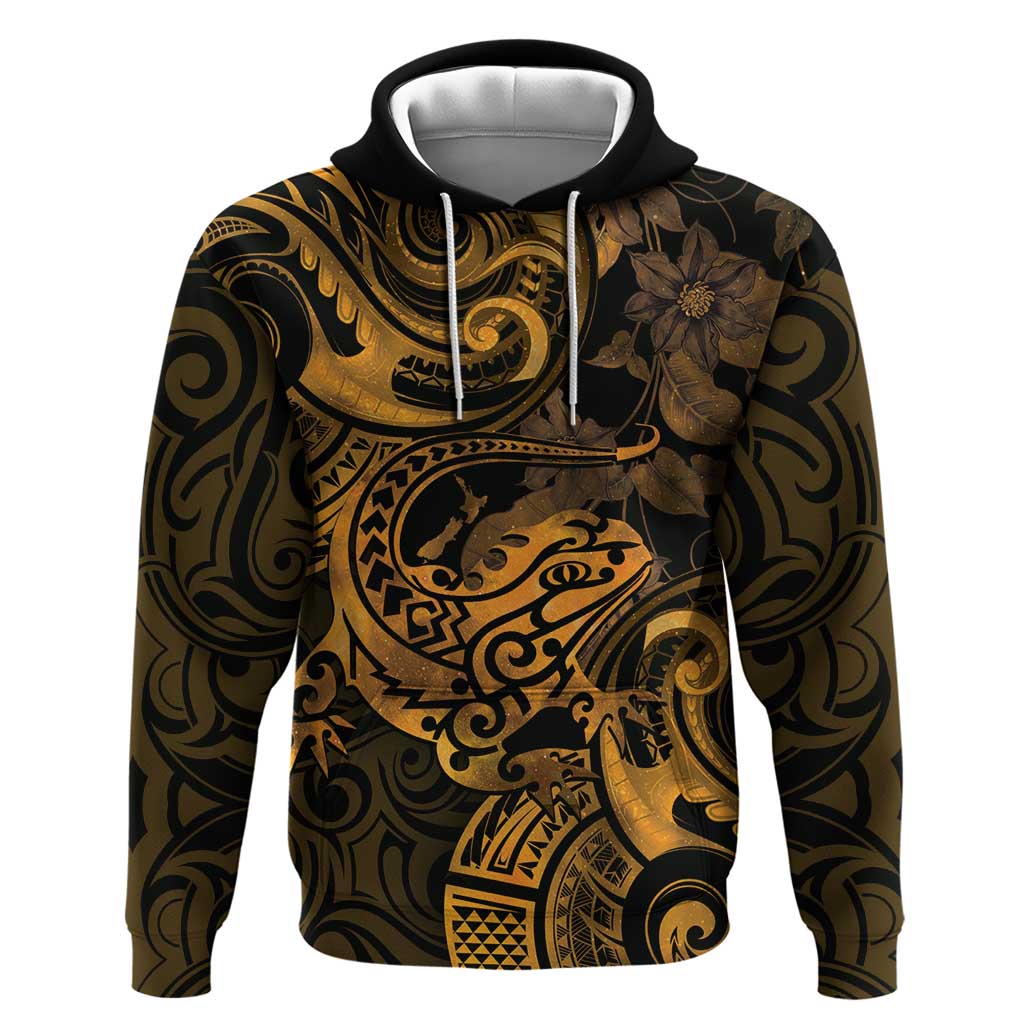 New Zealand Tuatara Hoodie Aotearoa Maori Clematis Flowers - Gold - Vibe Hoodie Shop