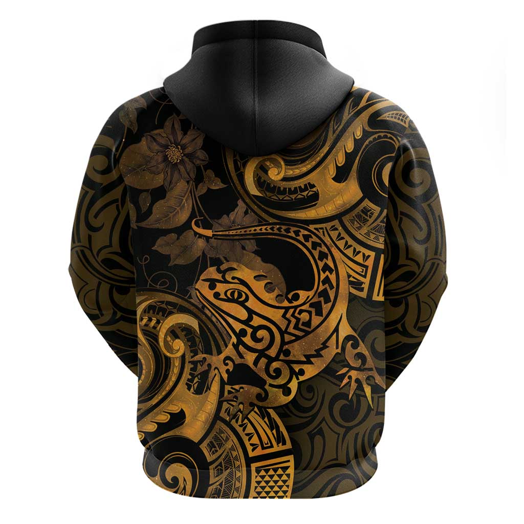 New Zealand Tuatara Hoodie Aotearoa Maori Clematis Flowers - Gold - Vibe Hoodie Shop