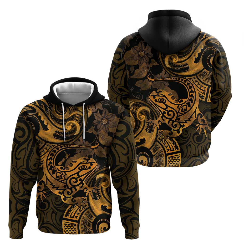 New Zealand Tuatara Hoodie Aotearoa Maori Clematis Flowers - Gold - Vibe Hoodie Shop