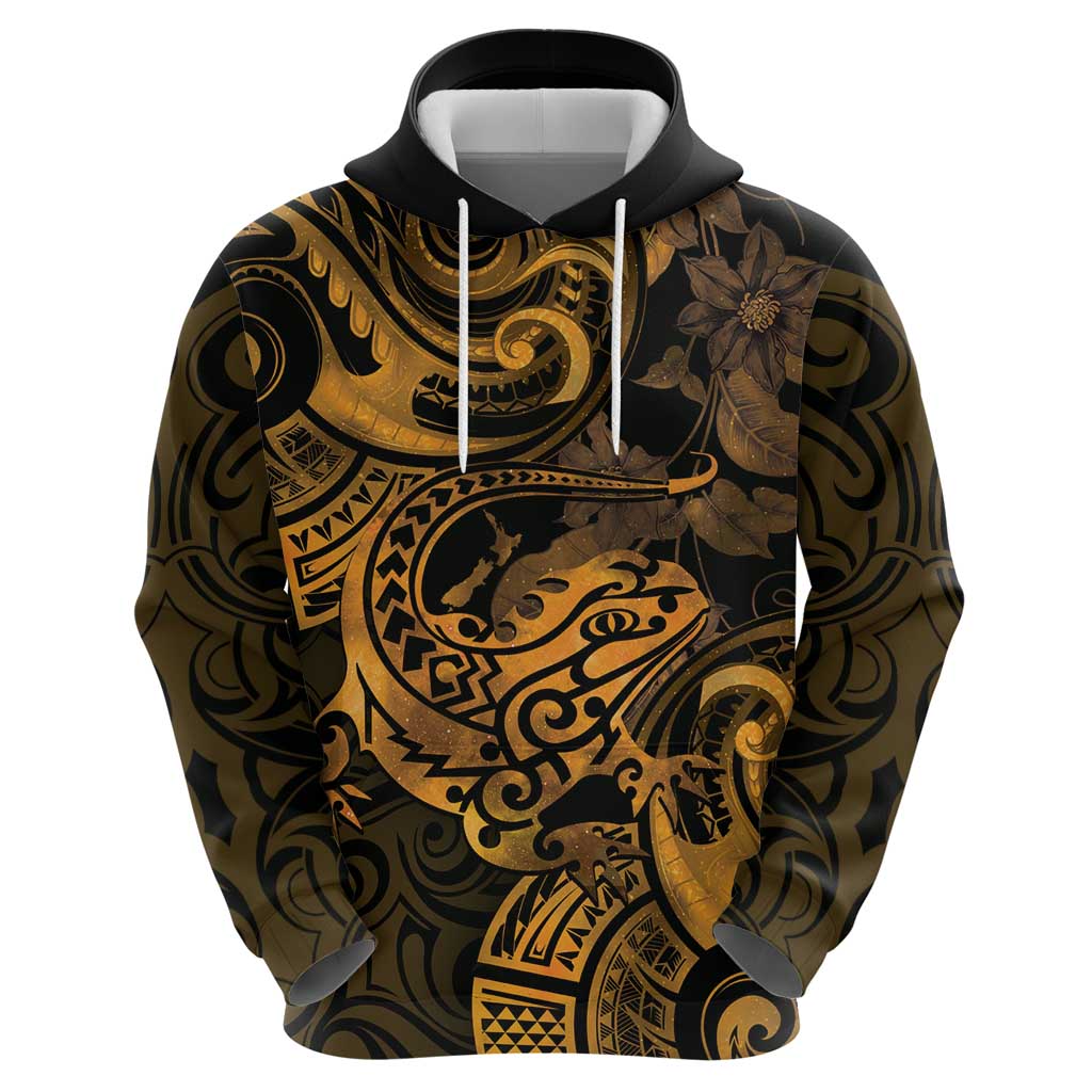 New Zealand Tuatara Hoodie Aotearoa Maori Clematis Flowers - Gold - Vibe Hoodie Shop