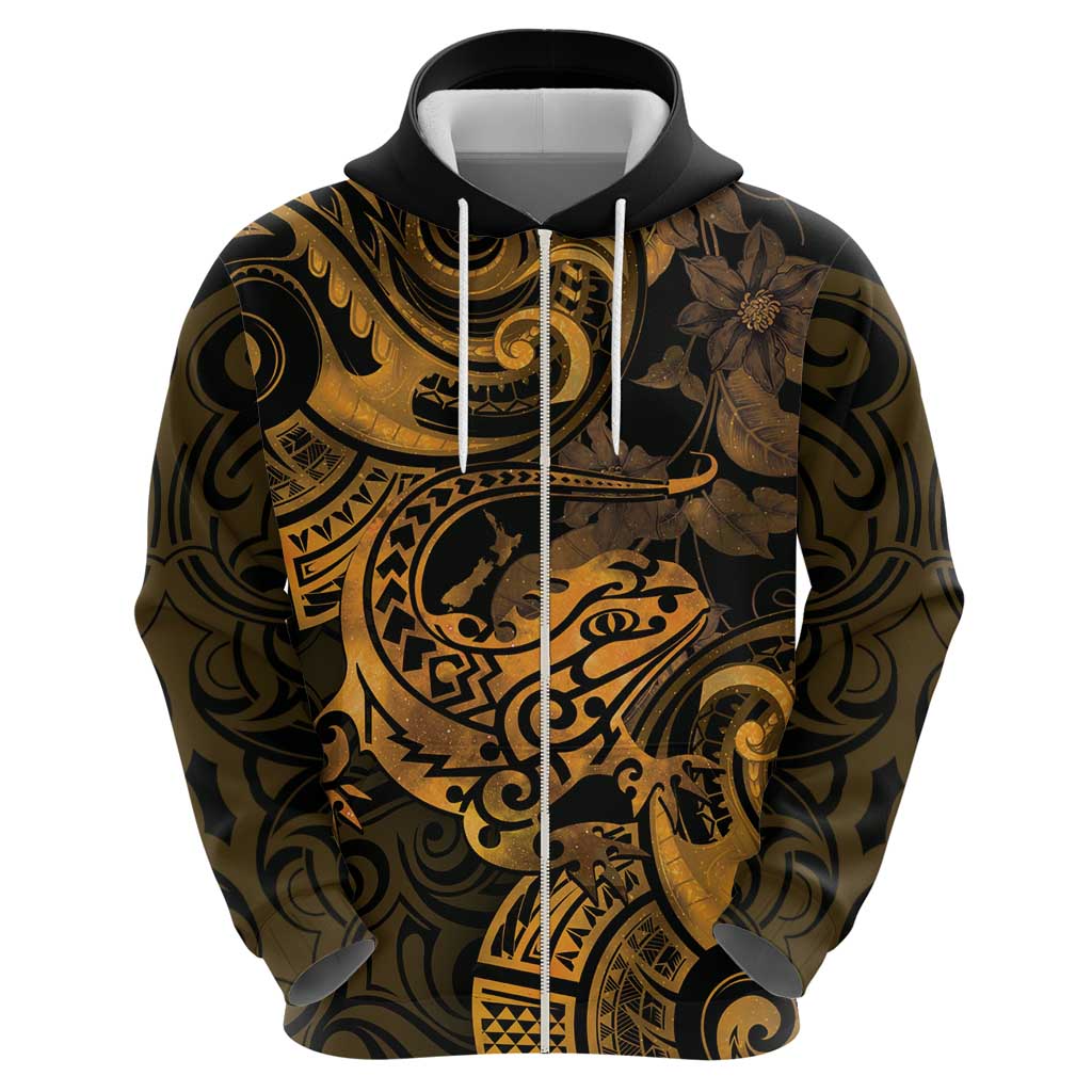 New Zealand Tuatara Hoodie Aotearoa Maori Clematis Flowers - Gold - Vibe Hoodie Shop