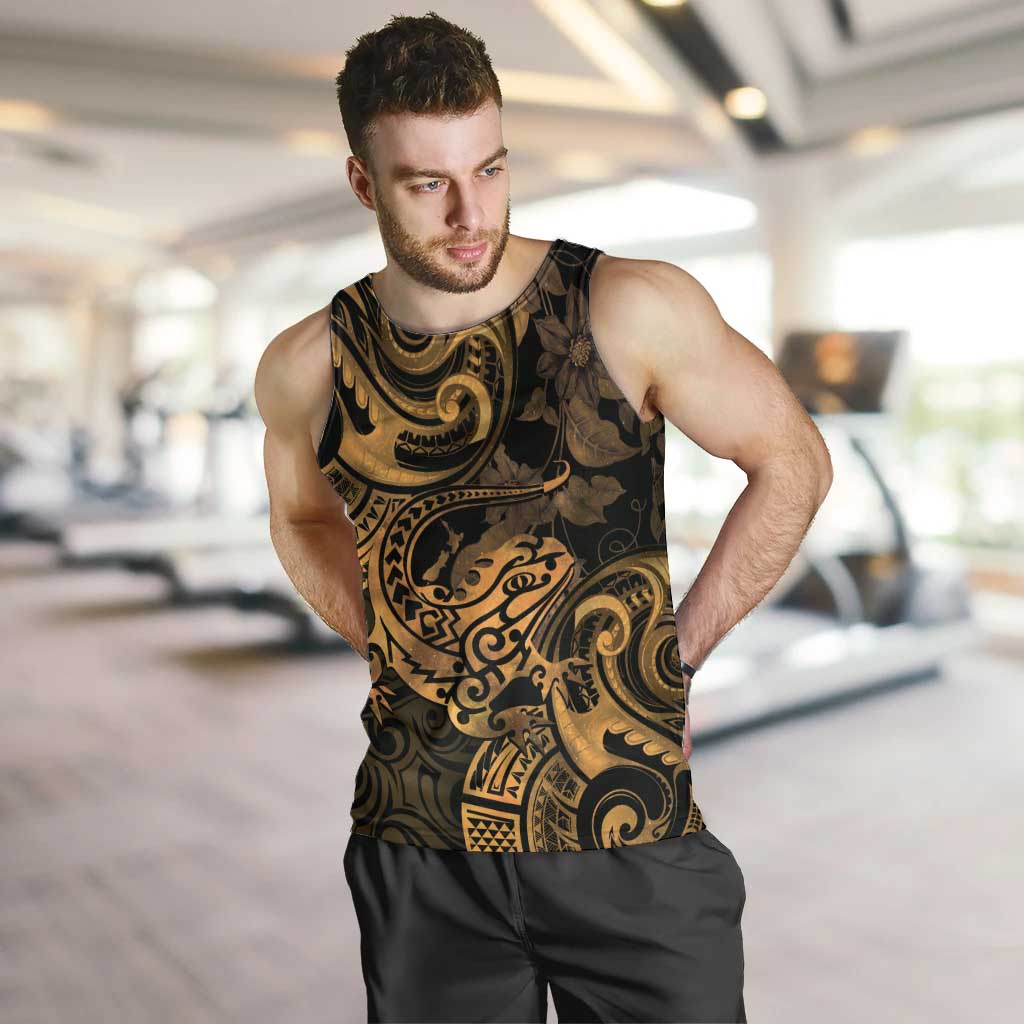 New Zealand Tuatara Men Tank Top Aotearoa Maori Clematis Flowers - Gold - Vibe Hoodie Shop