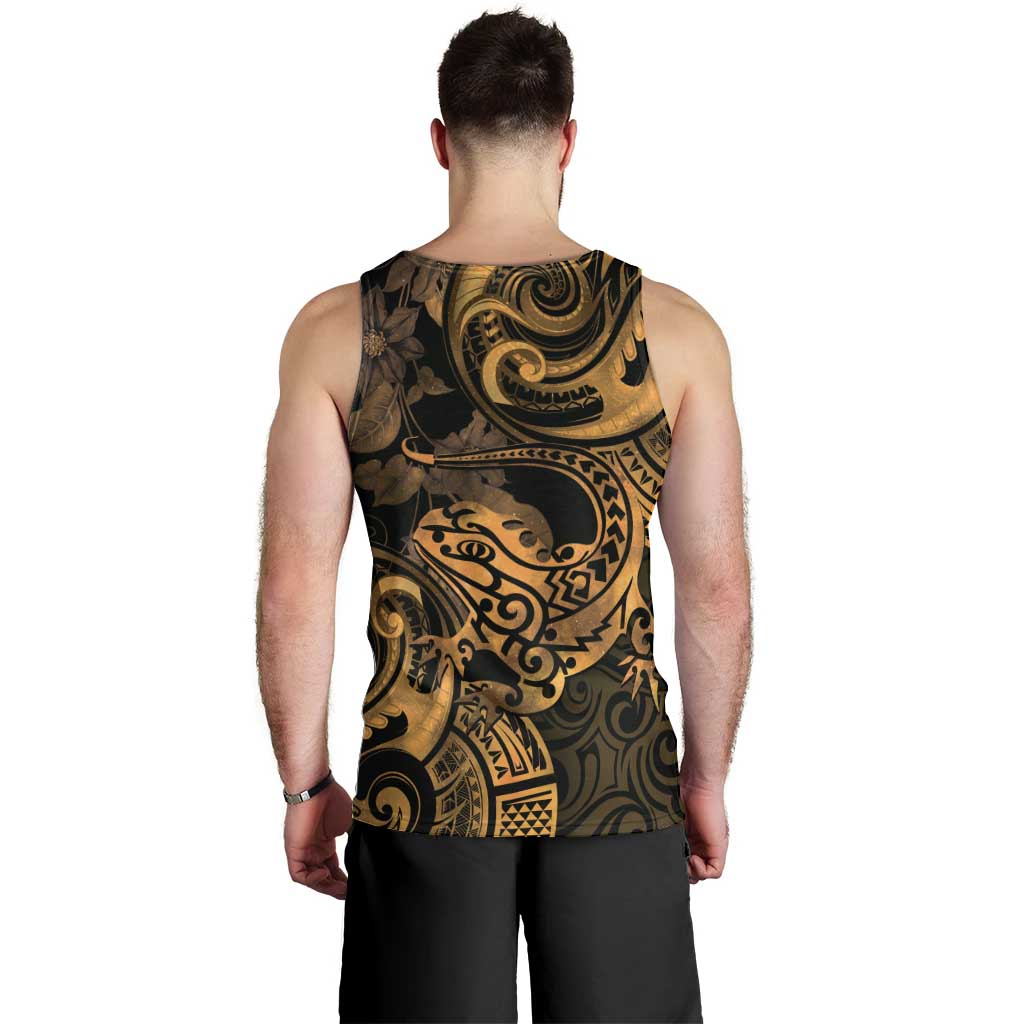 New Zealand Tuatara Men Tank Top Aotearoa Maori Clematis Flowers - Gold - Vibe Hoodie Shop