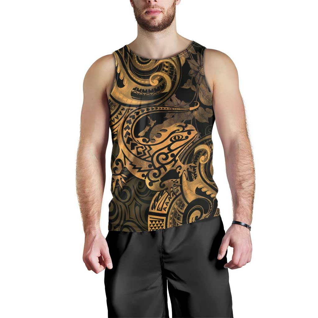 New Zealand Tuatara Men Tank Top Aotearoa Maori Clematis Flowers - Gold - Vibe Hoodie Shop