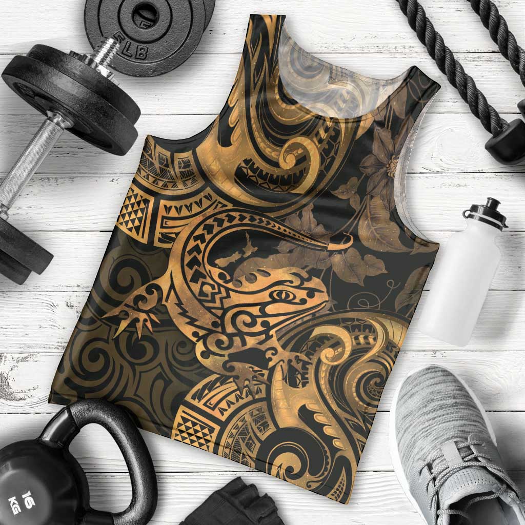 New Zealand Tuatara Men Tank Top Aotearoa Maori Clematis Flowers - Gold - Vibe Hoodie Shop