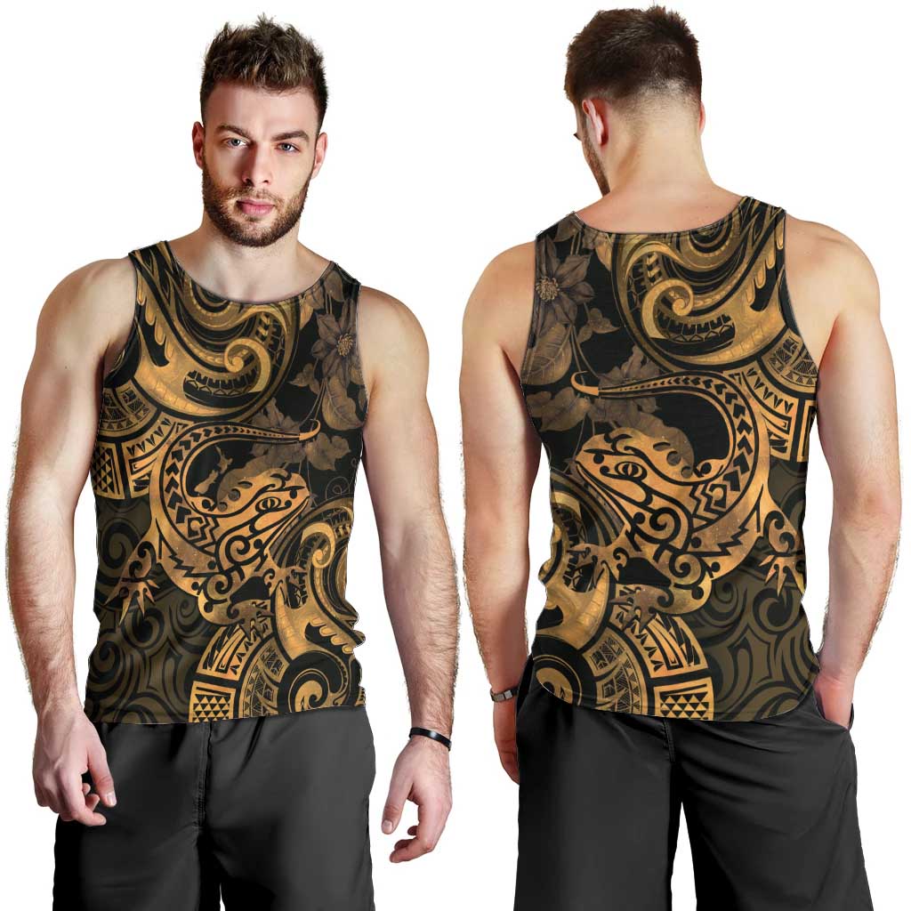 New Zealand Tuatara Men Tank Top Aotearoa Maori Clematis Flowers - Gold - Vibe Hoodie Shop