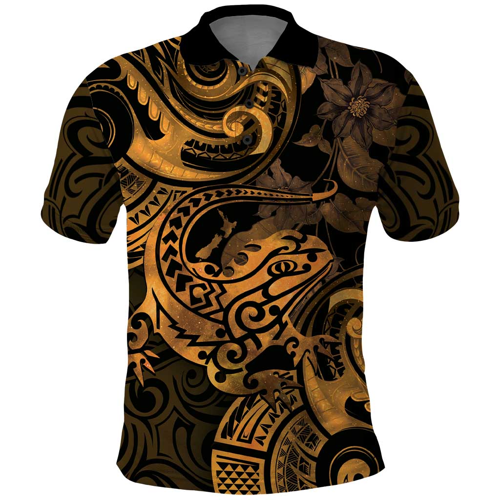New Zealand Tuatara Polo Shirt Aotearoa Maori Clematis Flowers - Gold - Vibe Hoodie Shop