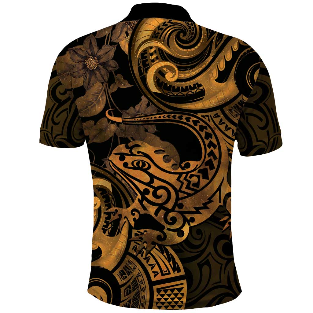 New Zealand Tuatara Polo Shirt Aotearoa Maori Clematis Flowers - Gold - Vibe Hoodie Shop