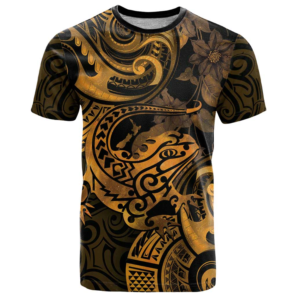 New Zealand Tuatara T Shirt Aotearoa Maori Clematis Flowers - Gold - Vibe Hoodie Shop