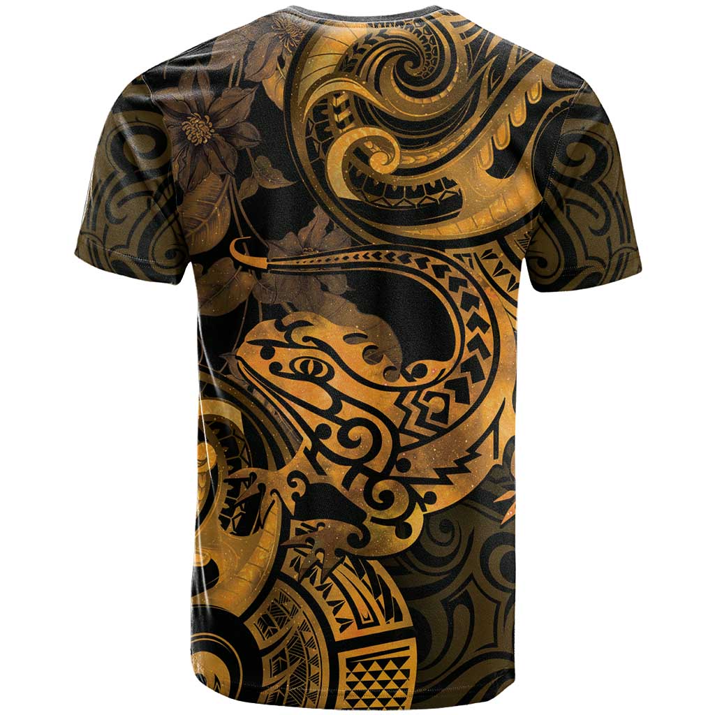 New Zealand Tuatara T Shirt Aotearoa Maori Clematis Flowers - Gold - Vibe Hoodie Shop