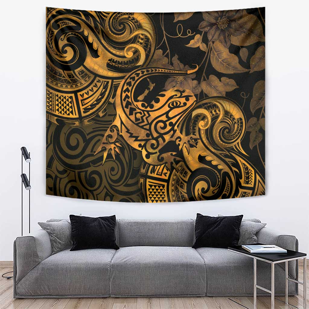 New Zealand Tuatara Tapestry Aotearoa Maori Clematis Flowers - Gold - Vibe Hoodie Shop