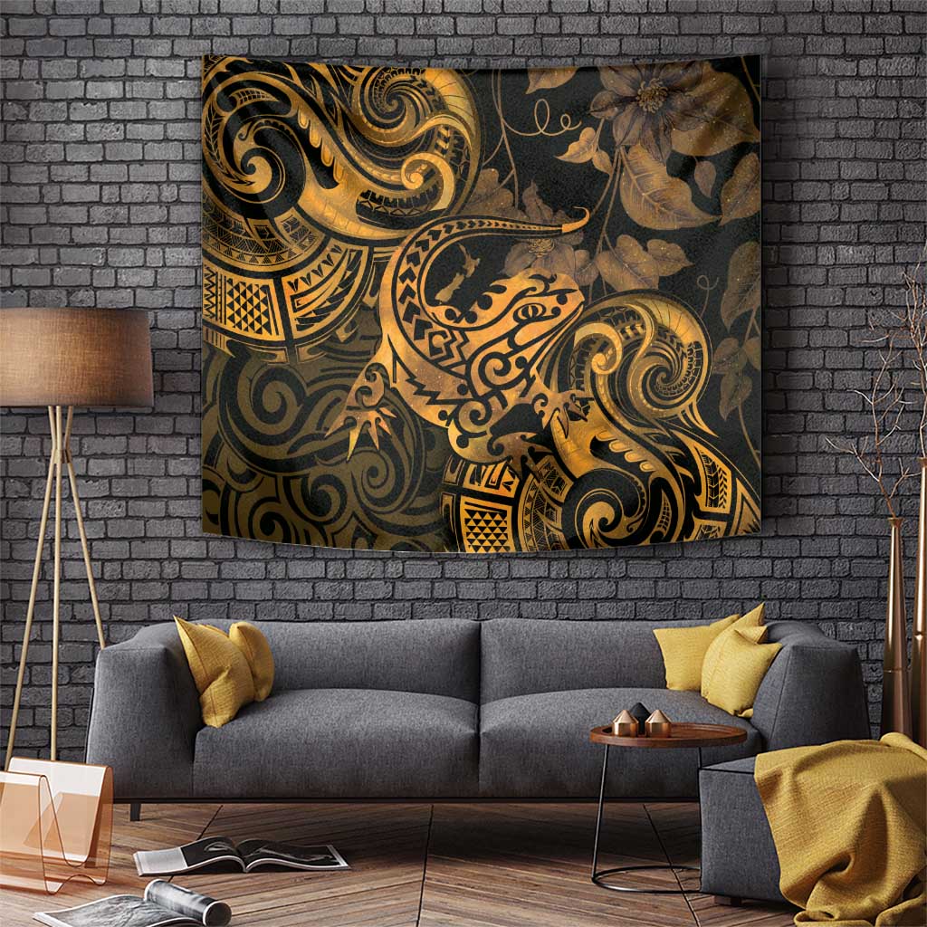 New Zealand Tuatara Tapestry Aotearoa Maori Clematis Flowers - Gold - Vibe Hoodie Shop