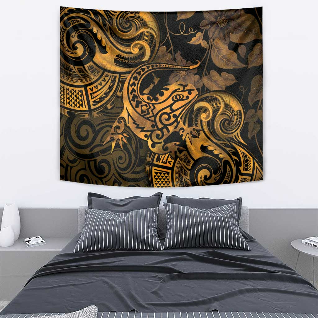 New Zealand Tuatara Tapestry Aotearoa Maori Clematis Flowers - Gold - Vibe Hoodie Shop