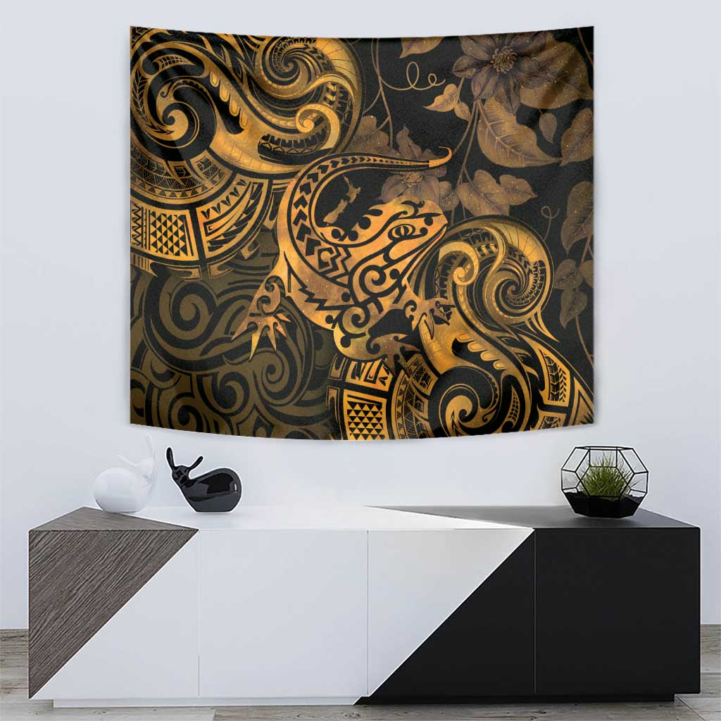 New Zealand Tuatara Tapestry Aotearoa Maori Clematis Flowers - Gold - Vibe Hoodie Shop