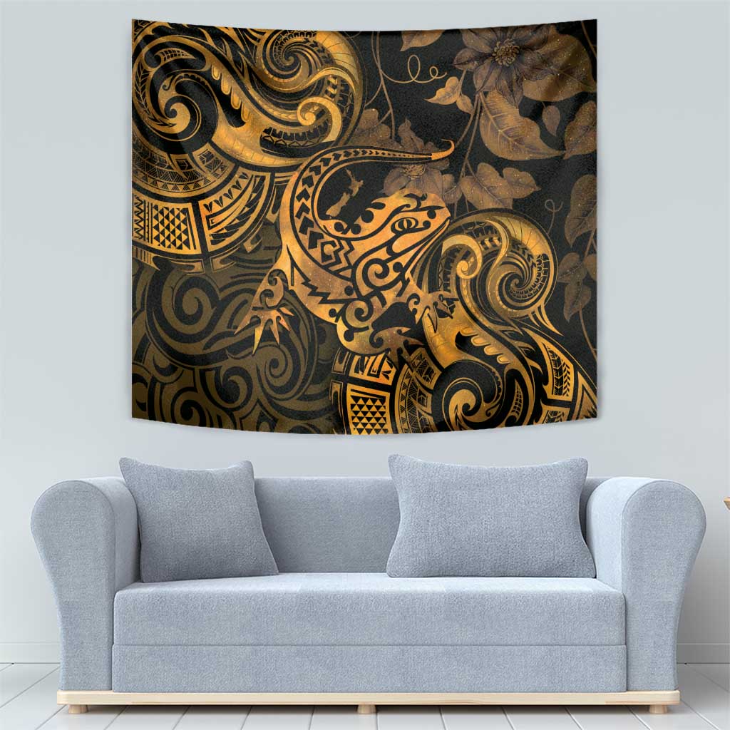 New Zealand Tuatara Tapestry Aotearoa Maori Clematis Flowers - Gold - Vibe Hoodie Shop