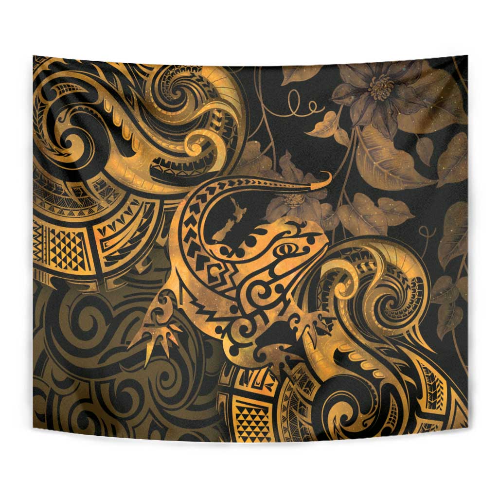 New Zealand Tuatara Tapestry Aotearoa Maori Clematis Flowers - Gold - Vibe Hoodie Shop