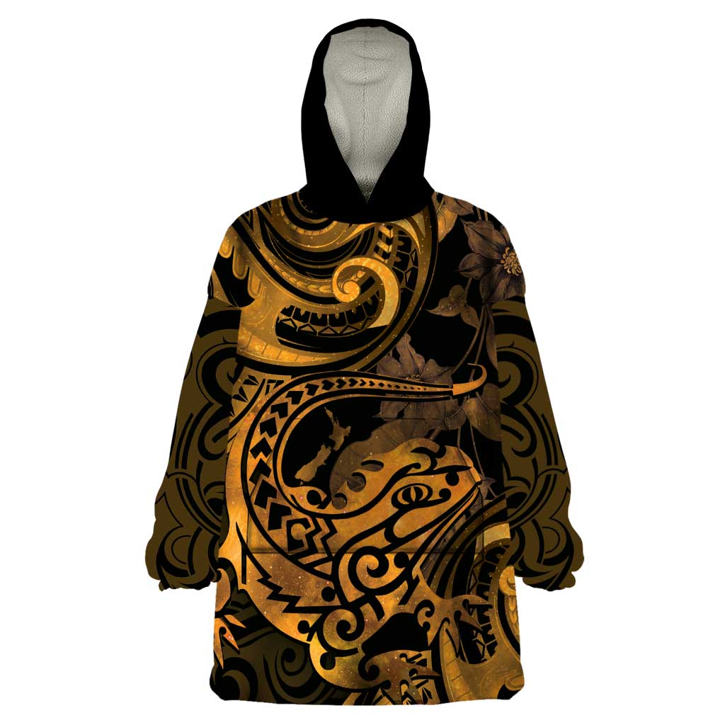 New Zealand Tuatara Wearable Blanket Hoodie Aotearoa Maori Clematis Flowers - Gold - Vibe Hoodie Shop