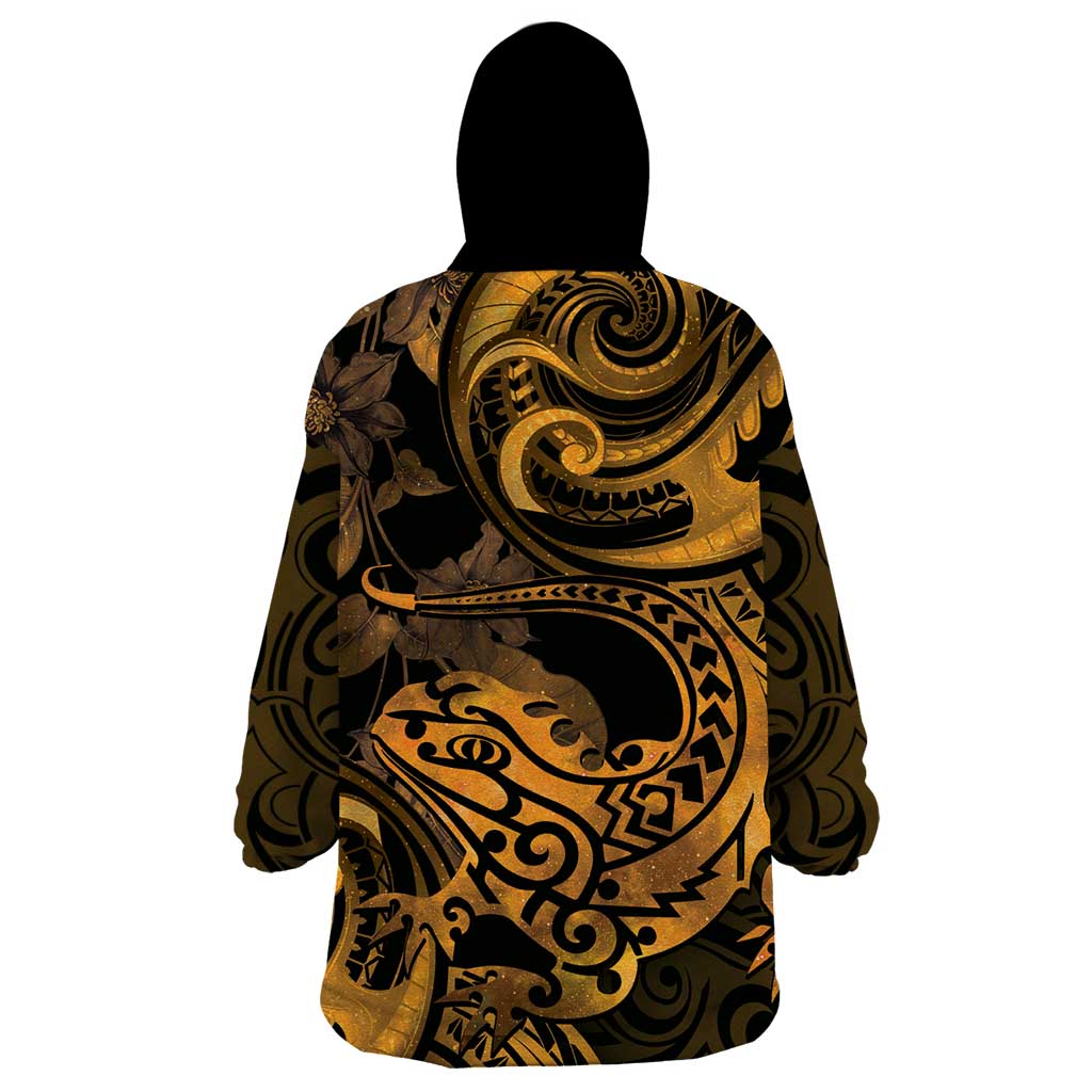 New Zealand Tuatara Wearable Blanket Hoodie Aotearoa Maori Clematis Flowers - Gold - Vibe Hoodie Shop