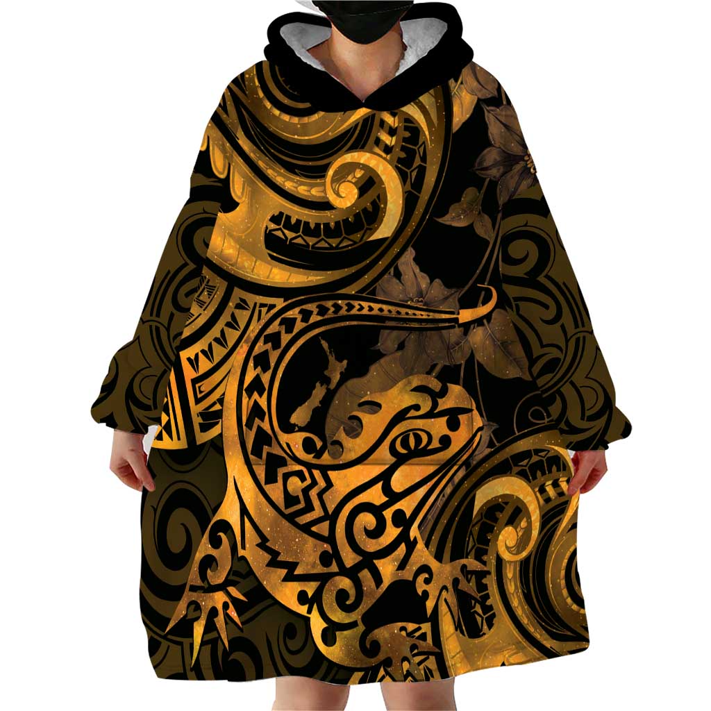 New Zealand Tuatara Wearable Blanket Hoodie Aotearoa Maori Clematis Flowers - Gold - Vibe Hoodie Shop