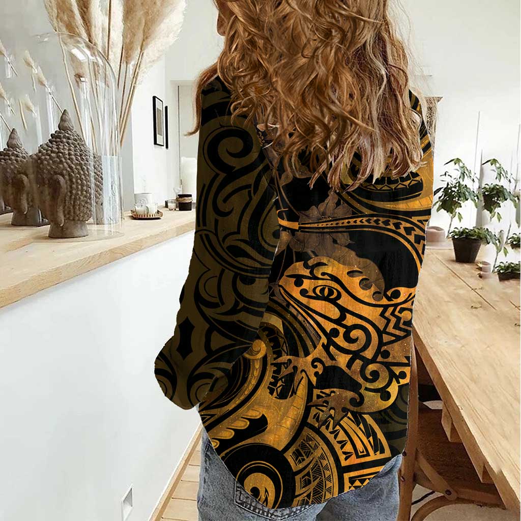 New Zealand Tuatara Women Casual Shirt Aotearoa Maori Clematis Flowers - Gold - Vibe Hoodie Shop