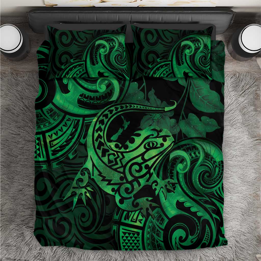 New Zealand Tuatara Bedding Set Aotearoa Maori Clematis Flowers - Green - Vibe Hoodie Shop