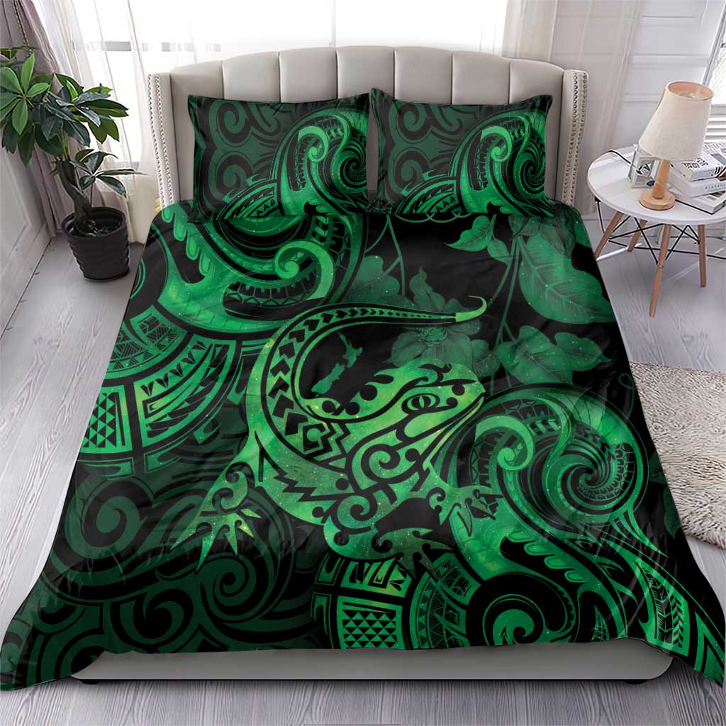 New Zealand Tuatara Bedding Set Aotearoa Maori Clematis Flowers - Green - Vibe Hoodie Shop