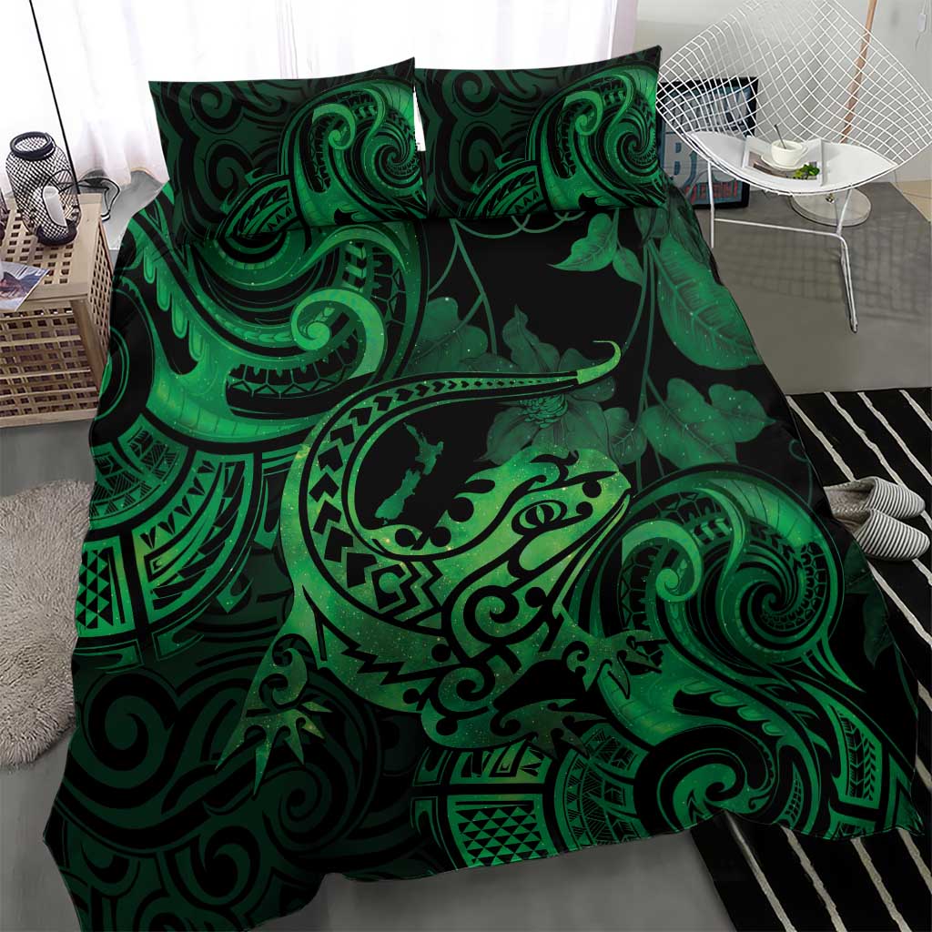 New Zealand Tuatara Bedding Set Aotearoa Maori Clematis Flowers - Green - Vibe Hoodie Shop