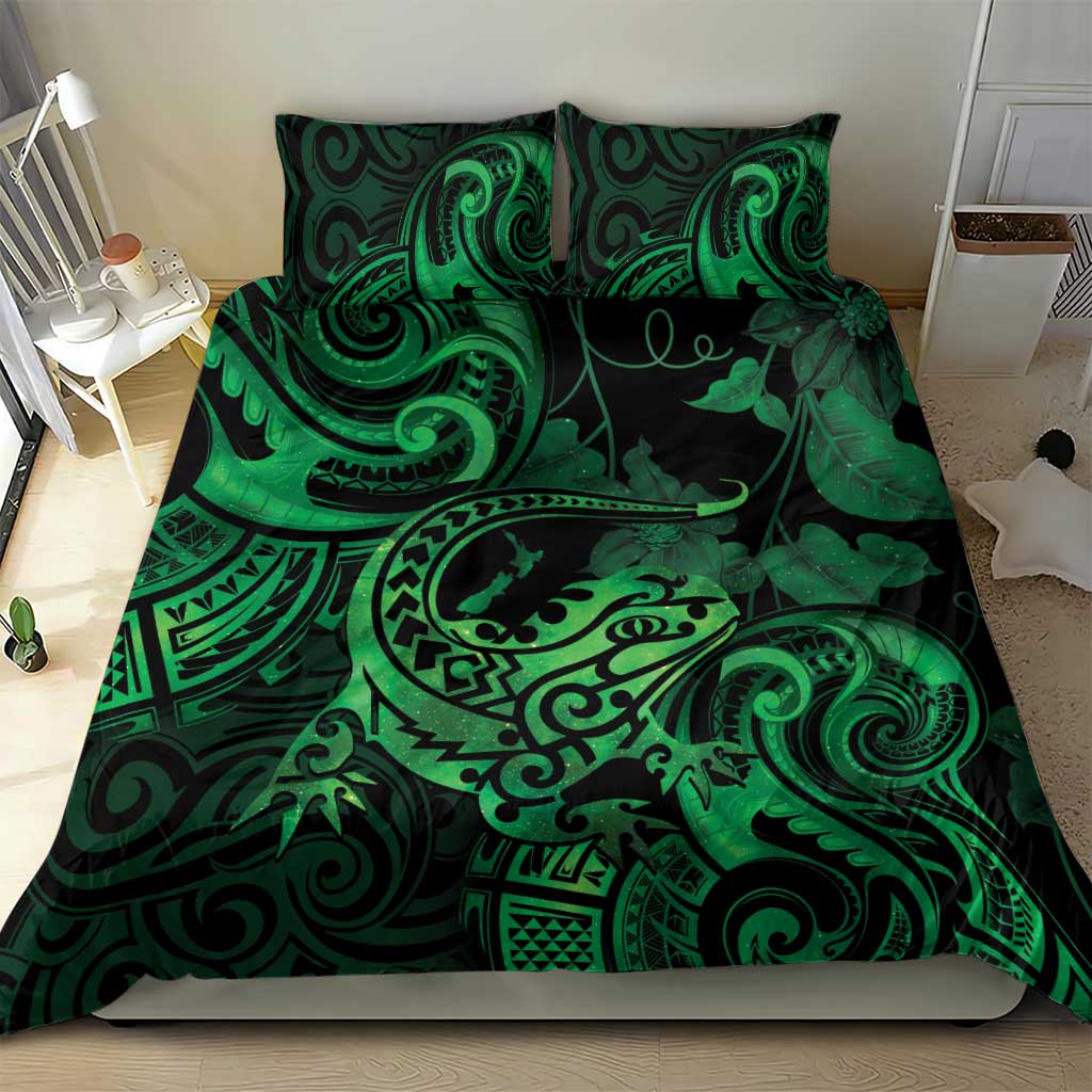 New Zealand Tuatara Bedding Set Aotearoa Maori Clematis Flowers - Green - Vibe Hoodie Shop