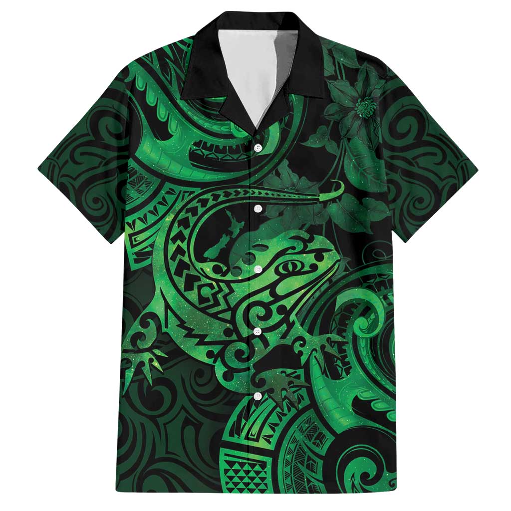 New Zealand Tuatara Hawaiian Shirt Aotearoa Maori Clematis Flowers - Green - Vibe Hoodie Shop