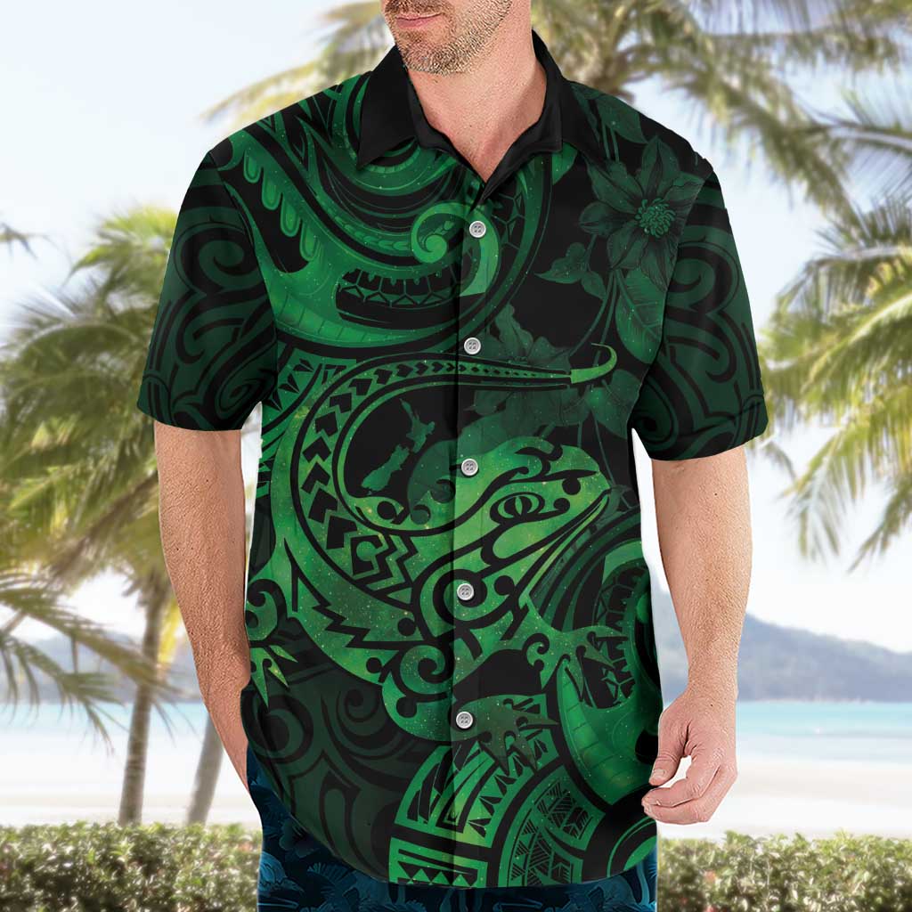 New Zealand Tuatara Hawaiian Shirt Aotearoa Maori Clematis Flowers - Green - Vibe Hoodie Shop