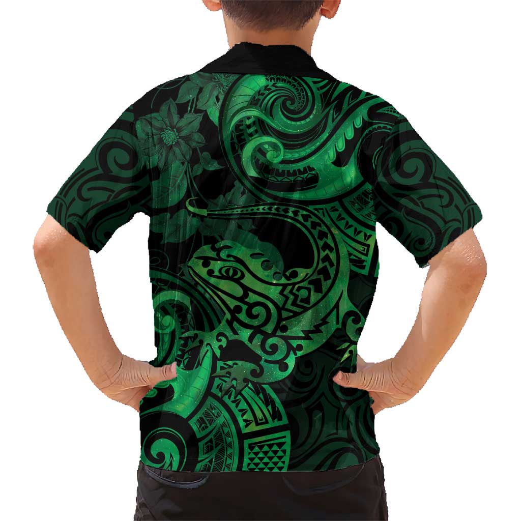 New Zealand Tuatara Hawaiian Shirt Aotearoa Maori Clematis Flowers - Green - Vibe Hoodie Shop