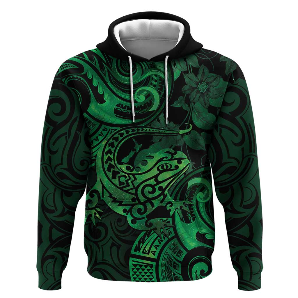 New Zealand Tuatara Hoodie Aotearoa Maori Clematis Flowers - Green - Vibe Hoodie Shop