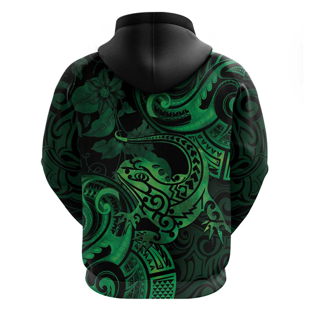 New Zealand Tuatara Hoodie Aotearoa Maori Clematis Flowers - Green - Vibe Hoodie Shop