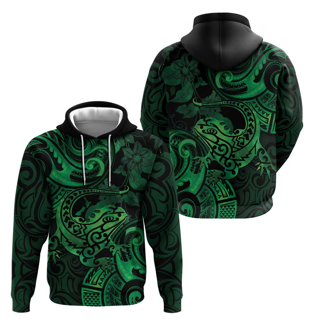 New Zealand Tuatara Hoodie Aotearoa Maori Clematis Flowers - Green - Vibe Hoodie Shop