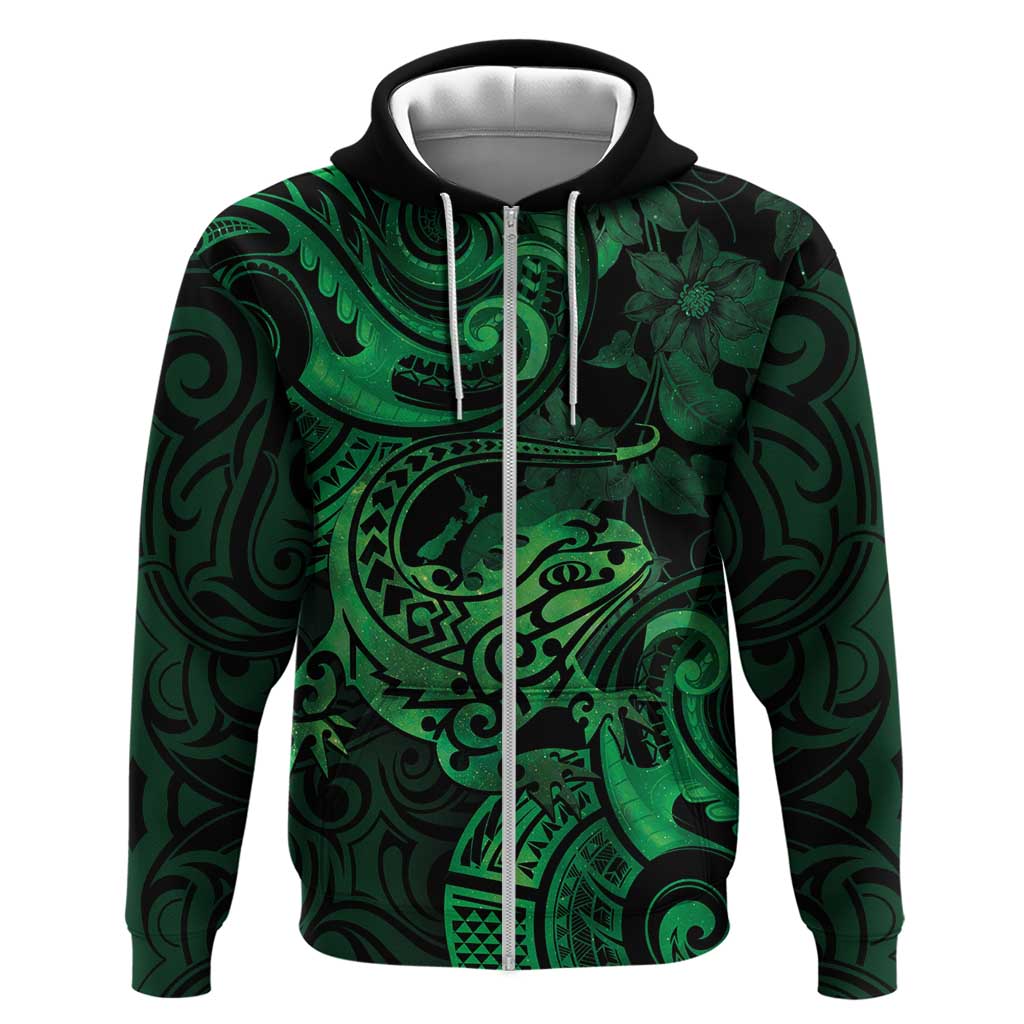 New Zealand Tuatara Hoodie Aotearoa Maori Clematis Flowers - Green - Vibe Hoodie Shop