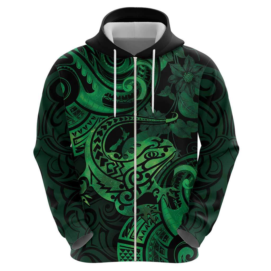 New Zealand Tuatara Hoodie Aotearoa Maori Clematis Flowers - Green - Vibe Hoodie Shop