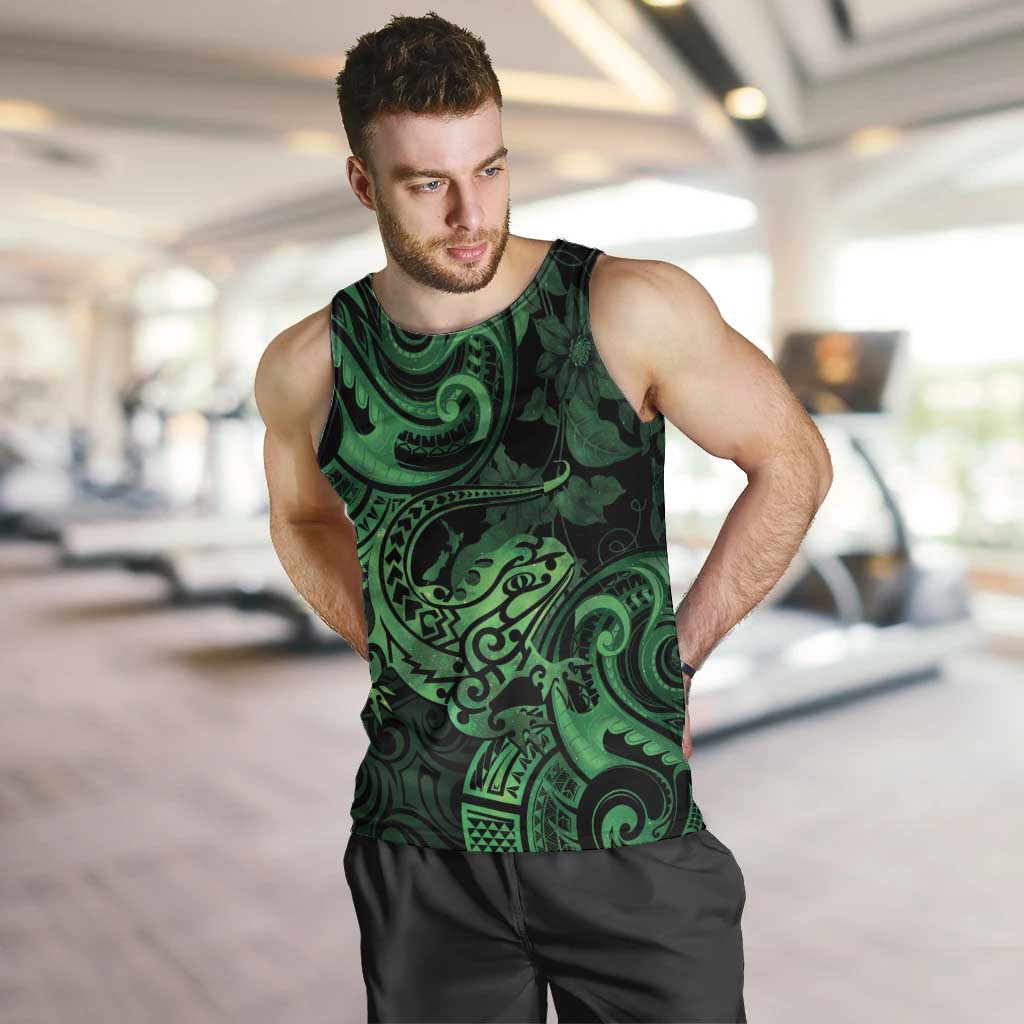 New Zealand Tuatara Men Tank Top Aotearoa Maori Clematis Flowers - Green - Vibe Hoodie Shop