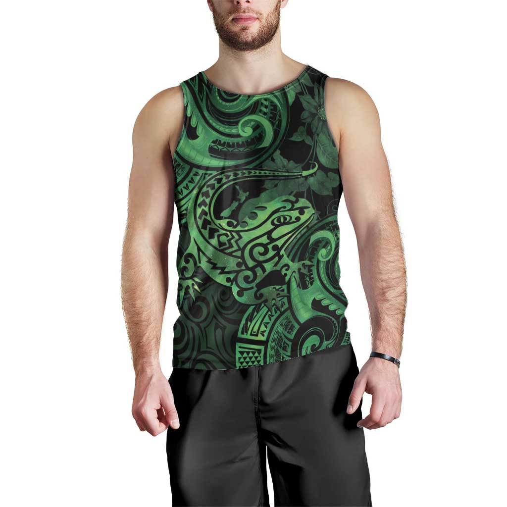 New Zealand Tuatara Men Tank Top Aotearoa Maori Clematis Flowers - Green - Vibe Hoodie Shop