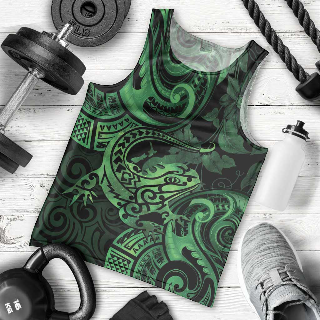 New Zealand Tuatara Men Tank Top Aotearoa Maori Clematis Flowers - Green - Vibe Hoodie Shop