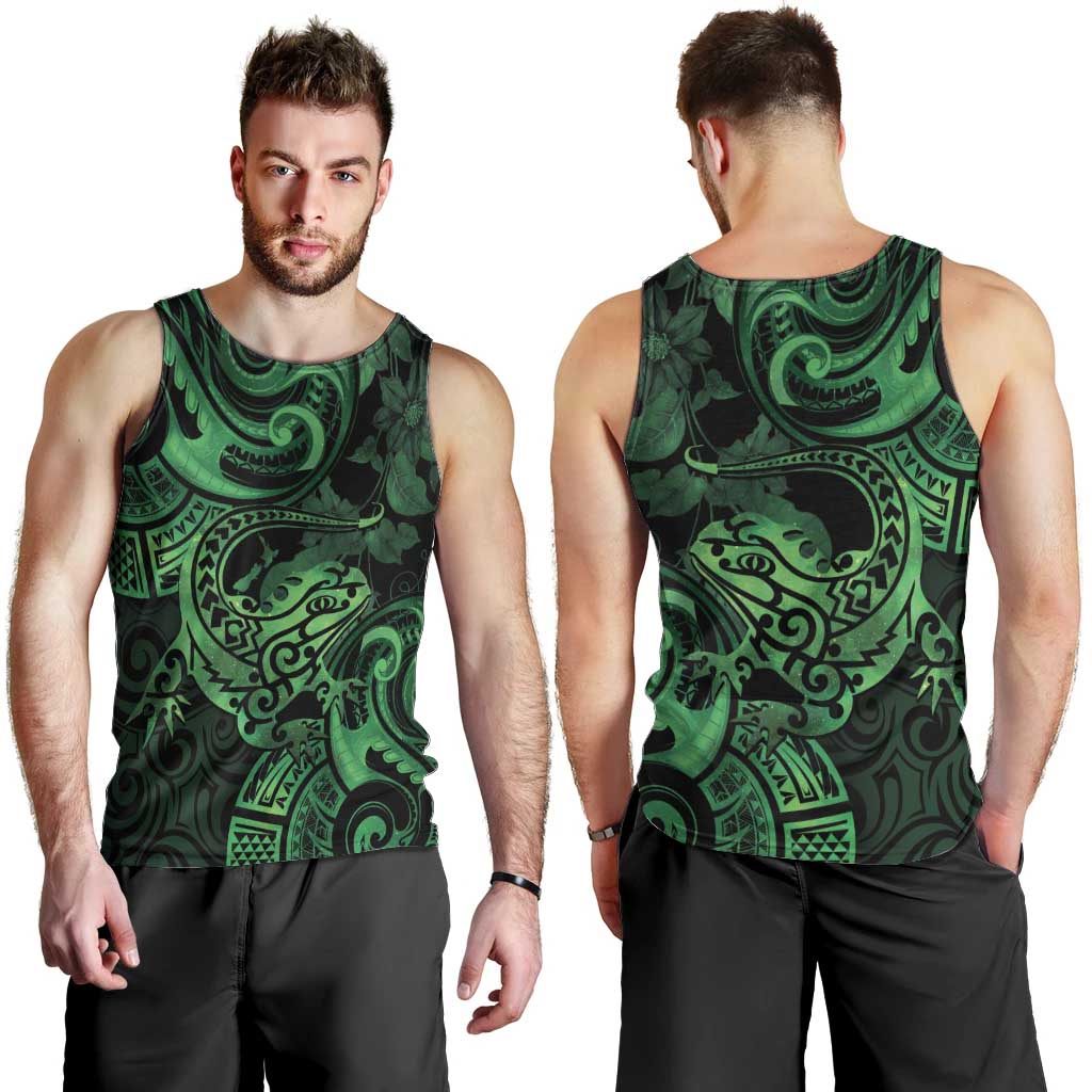 New Zealand Tuatara Men Tank Top Aotearoa Maori Clematis Flowers - Green - Vibe Hoodie Shop