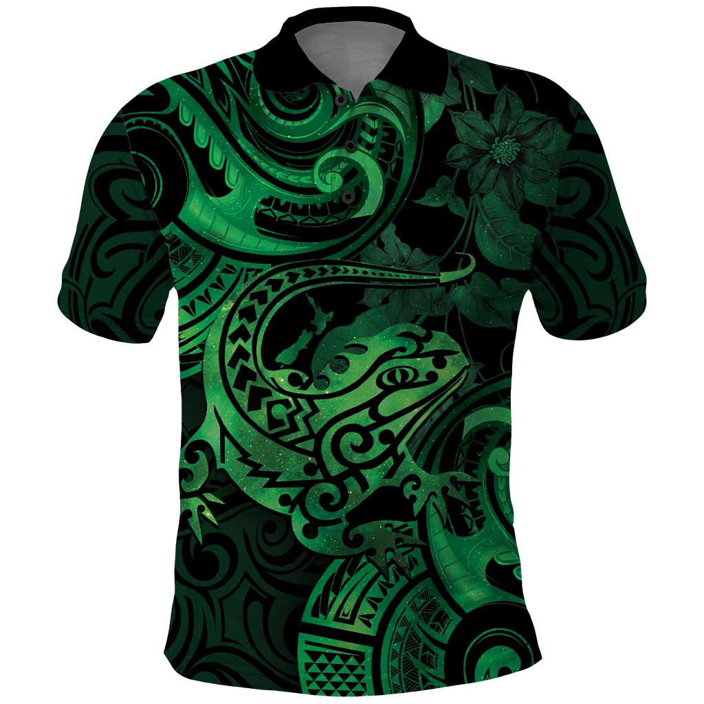 New Zealand Tuatara Polo Shirt Aotearoa Maori Clematis Flowers - Green - Vibe Hoodie Shop