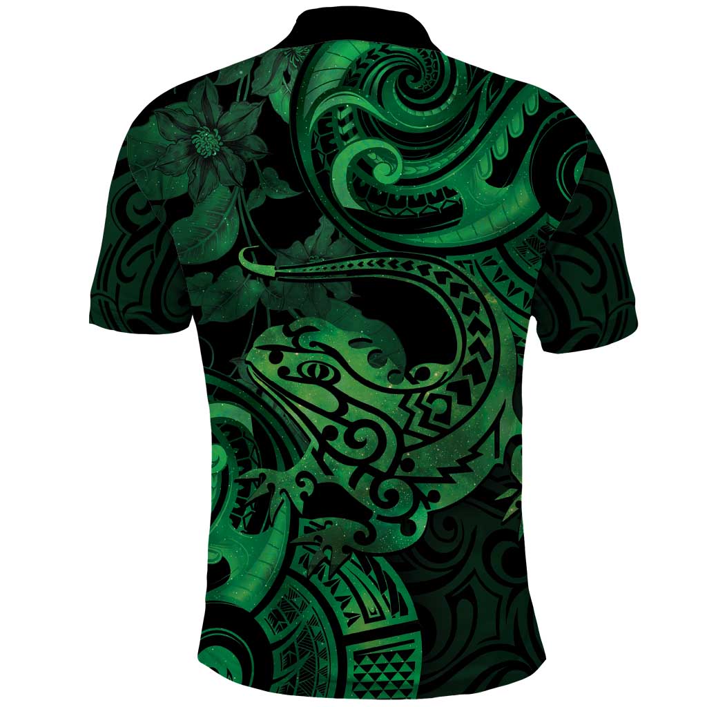 New Zealand Tuatara Polo Shirt Aotearoa Maori Clematis Flowers - Green - Vibe Hoodie Shop