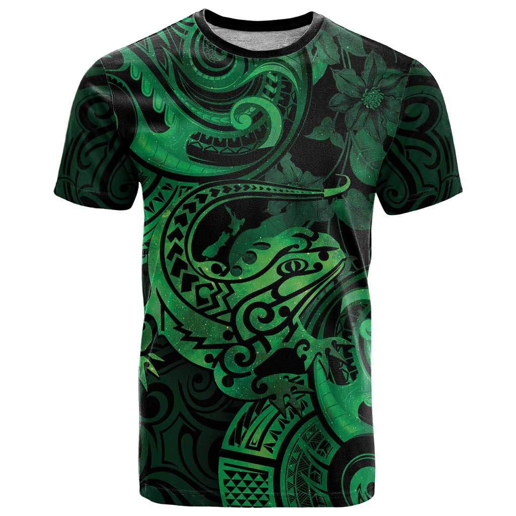 New Zealand Tuatara T Shirt Aotearoa Maori Clematis Flowers - Green - Vibe Hoodie Shop