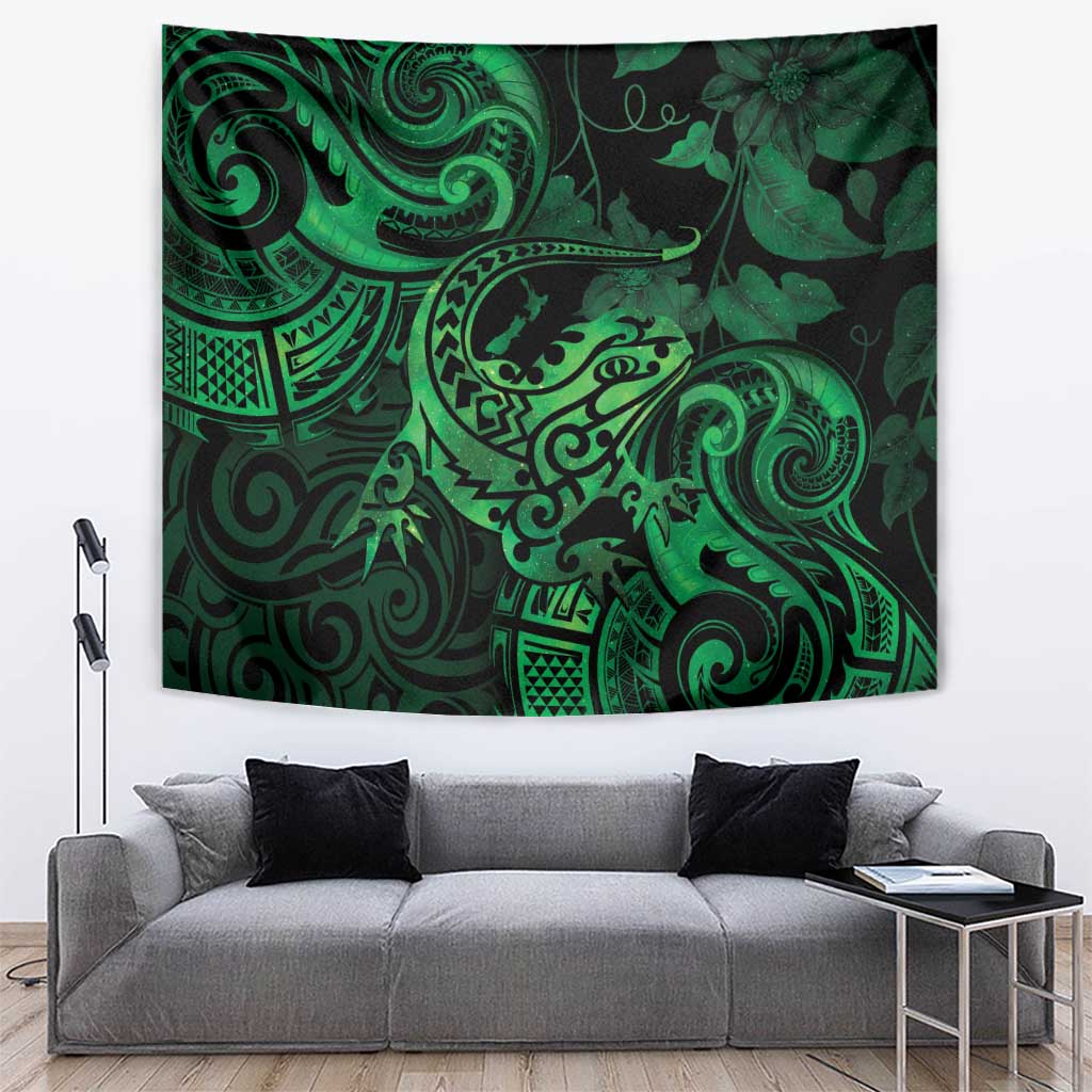 New Zealand Tuatara Tapestry Aotearoa Maori Clematis Flowers - Green - Vibe Hoodie Shop