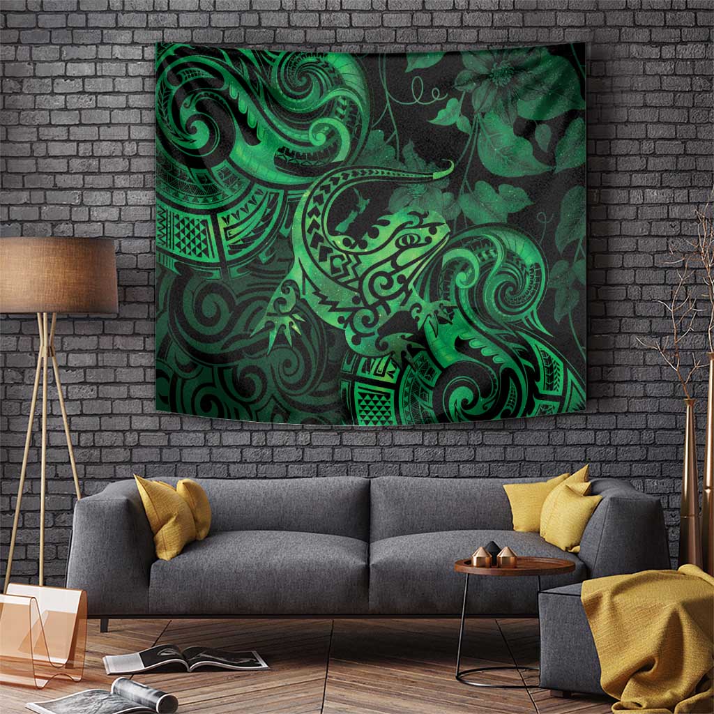 New Zealand Tuatara Tapestry Aotearoa Maori Clematis Flowers - Green - Vibe Hoodie Shop