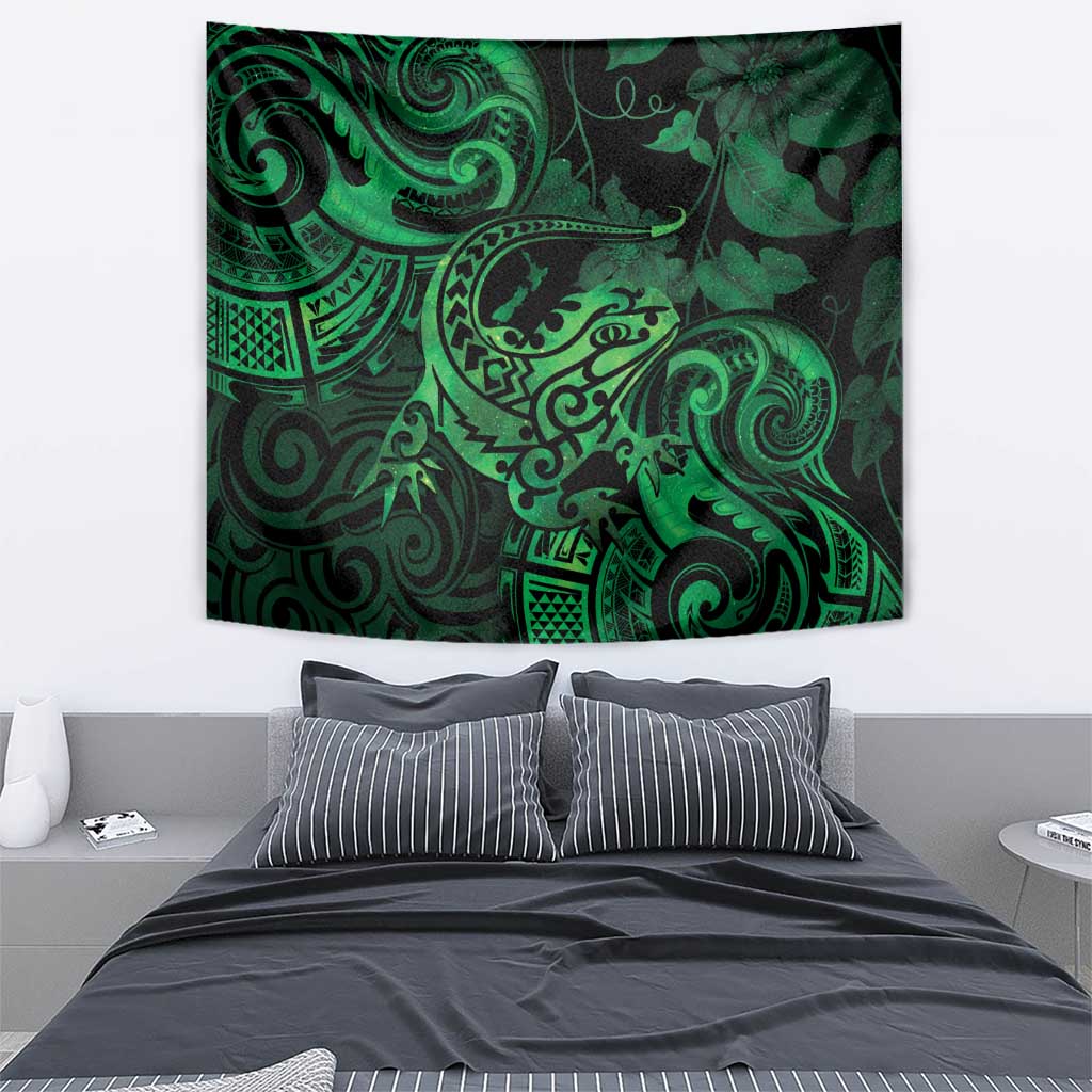 New Zealand Tuatara Tapestry Aotearoa Maori Clematis Flowers - Green - Vibe Hoodie Shop