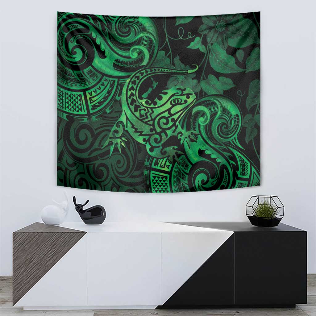 New Zealand Tuatara Tapestry Aotearoa Maori Clematis Flowers - Green - Vibe Hoodie Shop